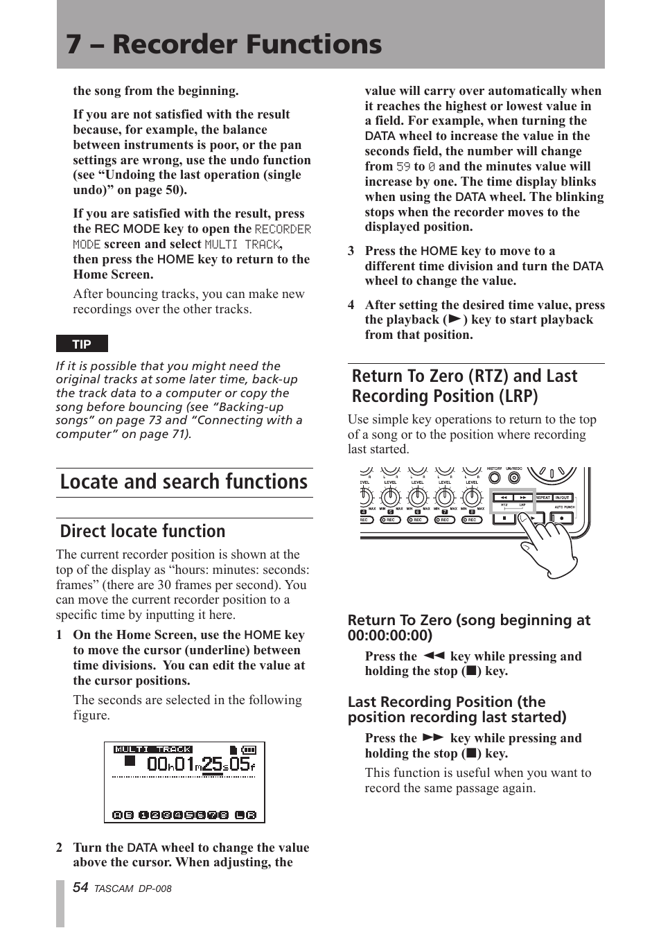 Locate and search functions, Direct locate function, Return to zero (rtz) and | Last recording position (lrp), See “return to zero (rtz) and last, 7 – recorder functions | Tascam DP-008 User Manual | Page 54 / 88