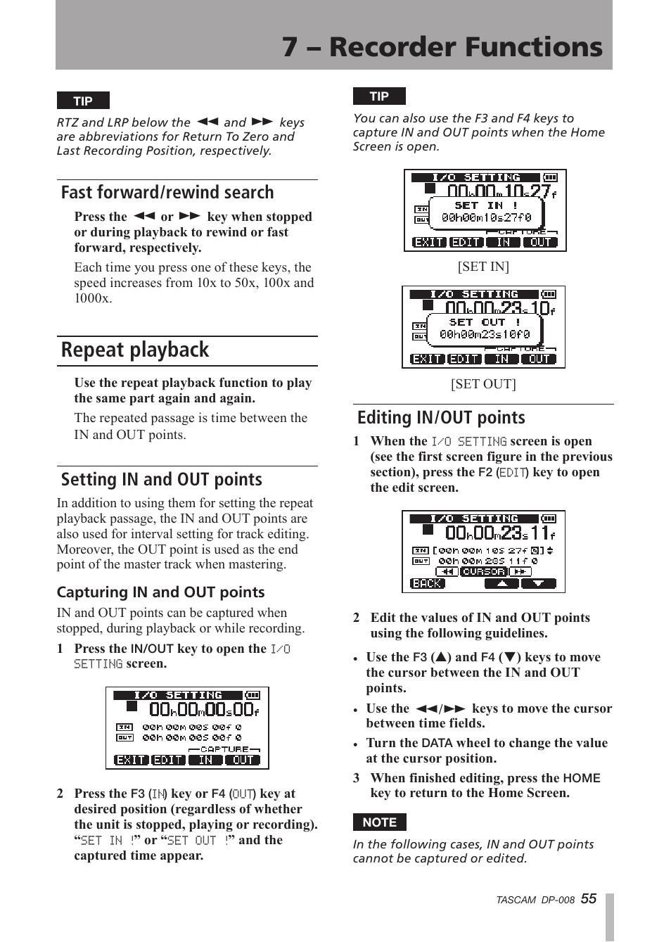 Fast forward/rewind search, Repeat playback, Setting in and out points | Editing in/out points, See “setting in and out, 7 – recorder functions | Tascam DP-008 User Manual | Page 55 / 88