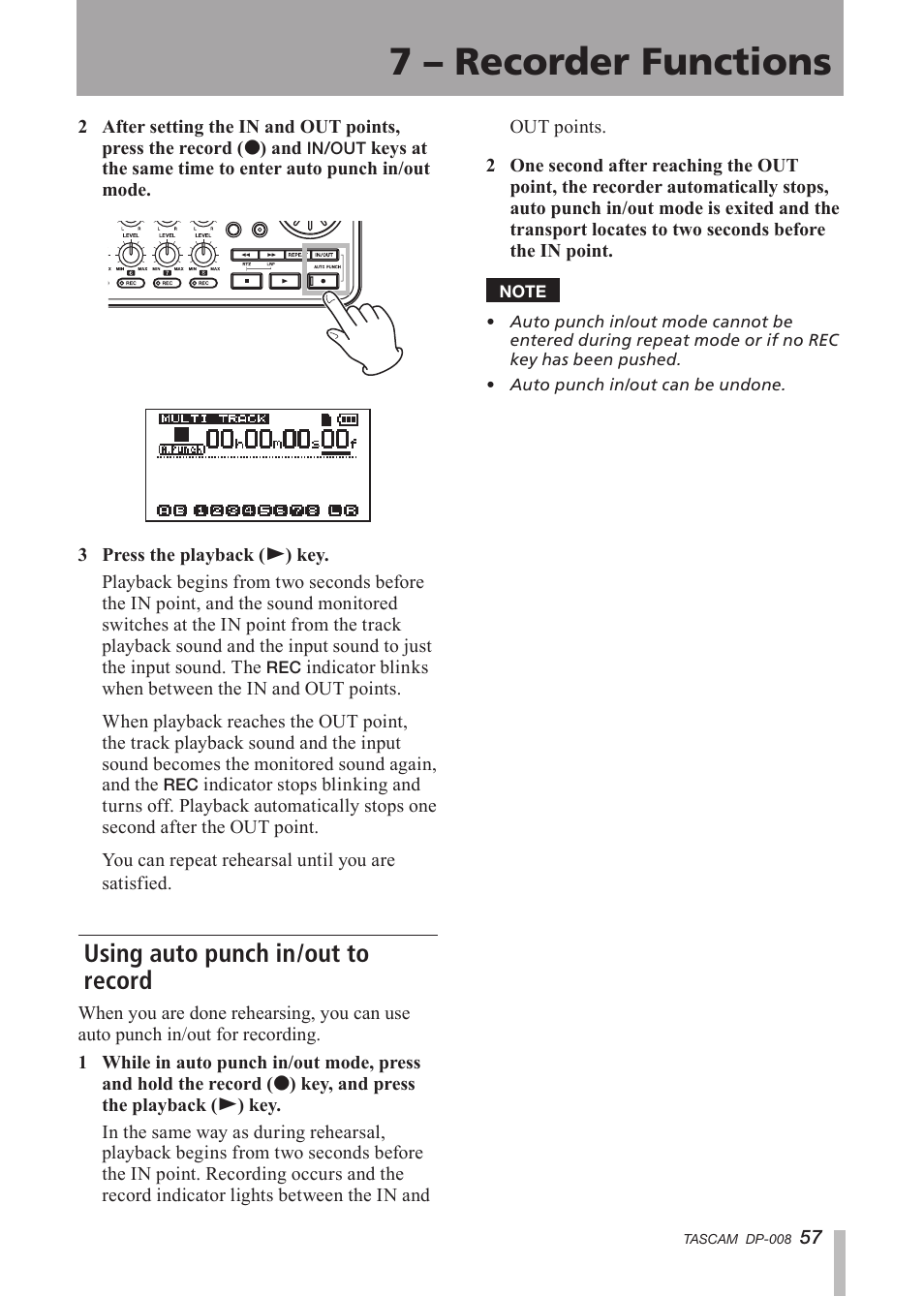 Using auto punch in/out to record, 7 – recorder functions | Tascam DP-008 User Manual | Page 57 / 88