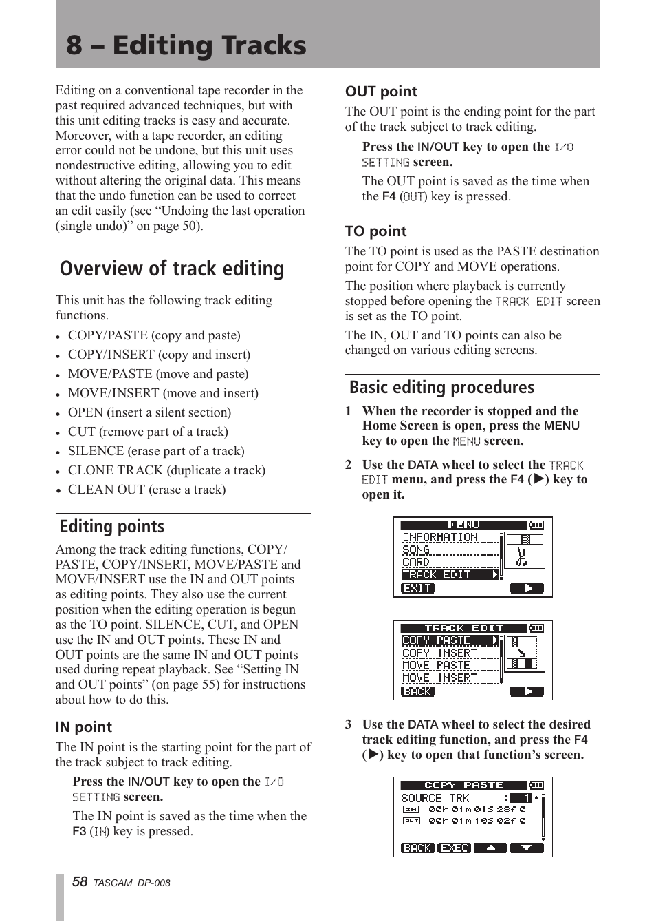 8 - editing tracks, Overview of track editing, Editing points | Basic editing procedures, 8 – editing tracks | Tascam DP-008 User Manual | Page 58 / 88