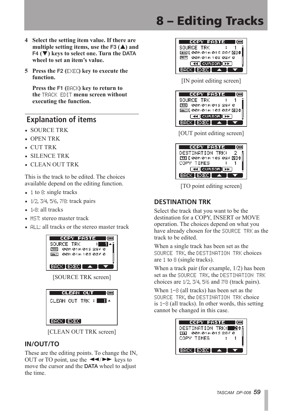 Explanation of items, 8 – editing tracks | Tascam DP-008 User Manual | Page 59 / 88