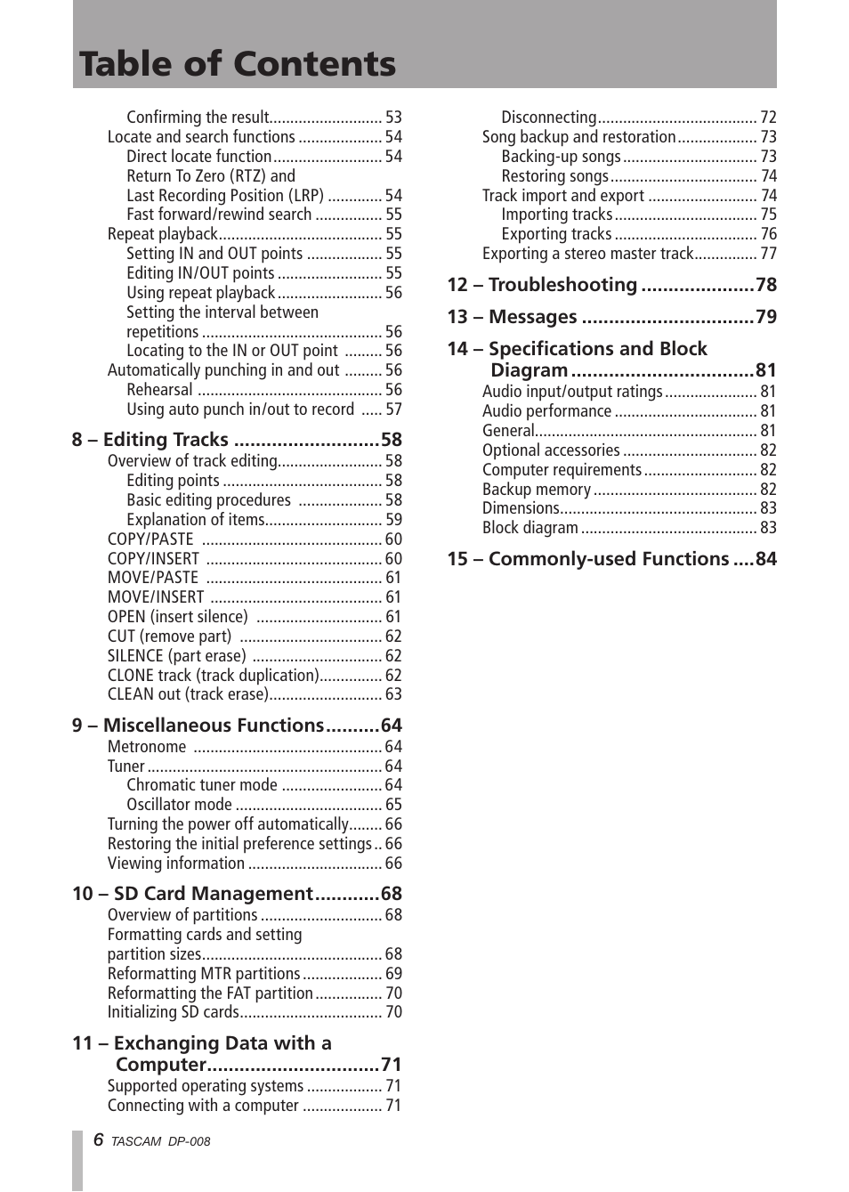 Tascam DP-008 User Manual | Page 6 / 88