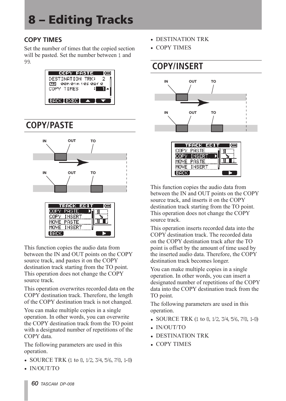 Copy/paste, Copy/insert, 8 – editing tracks | Tascam DP-008 User Manual | Page 60 / 88