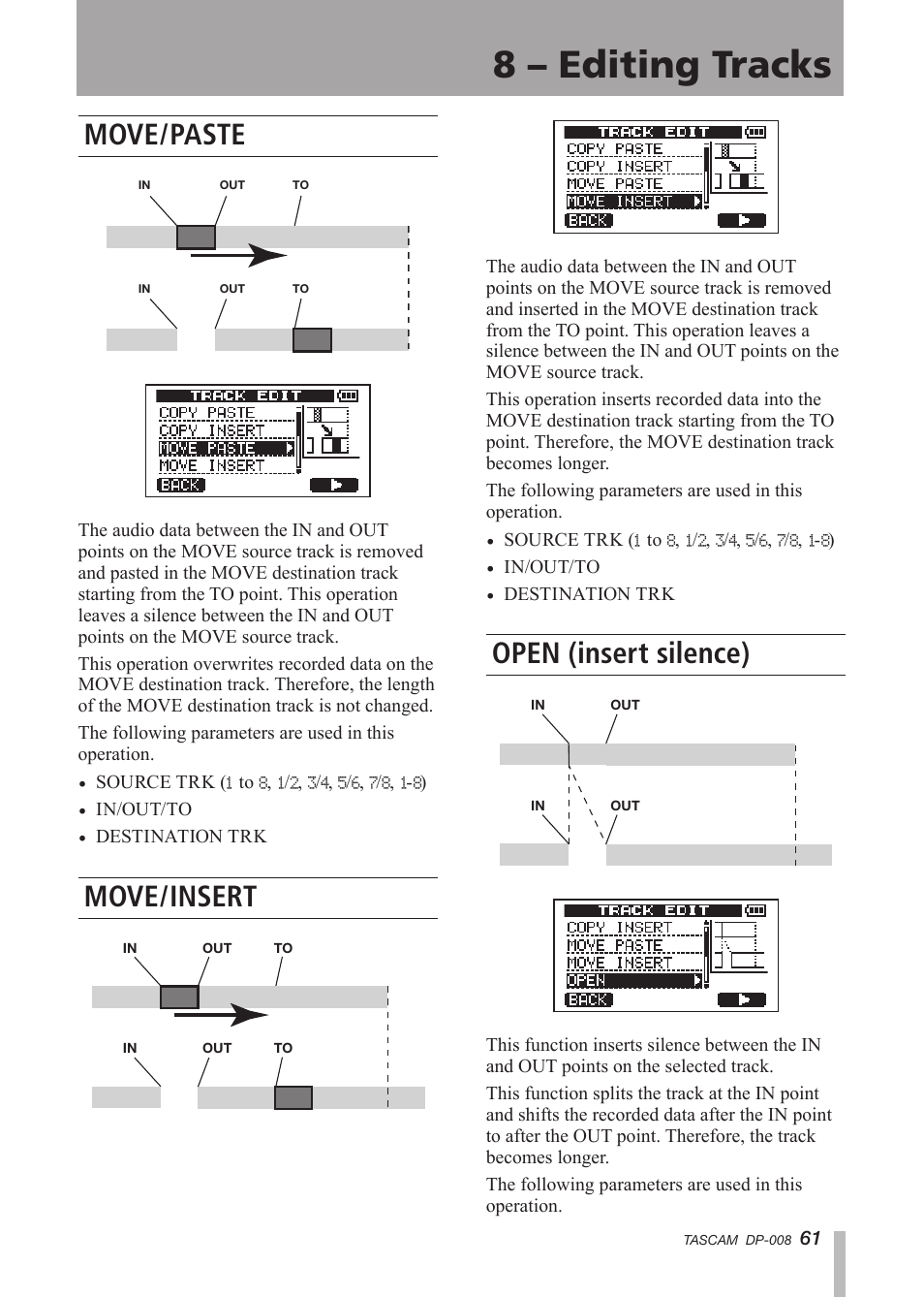 Move/paste, Move/insert, Open (insert silence) | 8 – editing tracks | Tascam DP-008 User Manual | Page 61 / 88