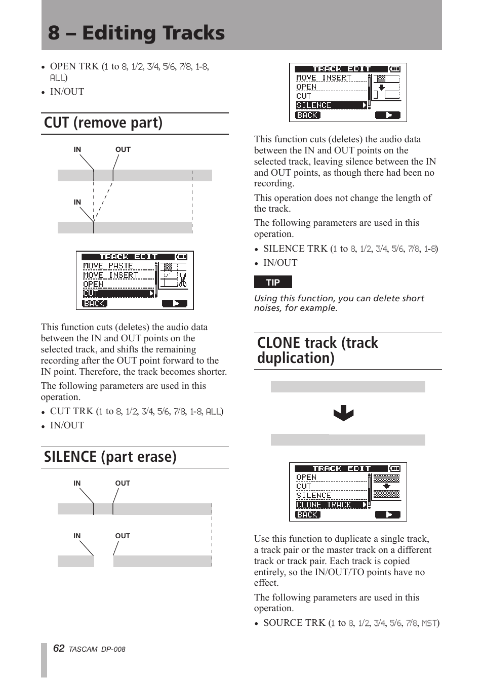 Cut (remove part), Silence (part erase), Clone track (track duplication) | 8 – editing tracks | Tascam DP-008 User Manual | Page 62 / 88