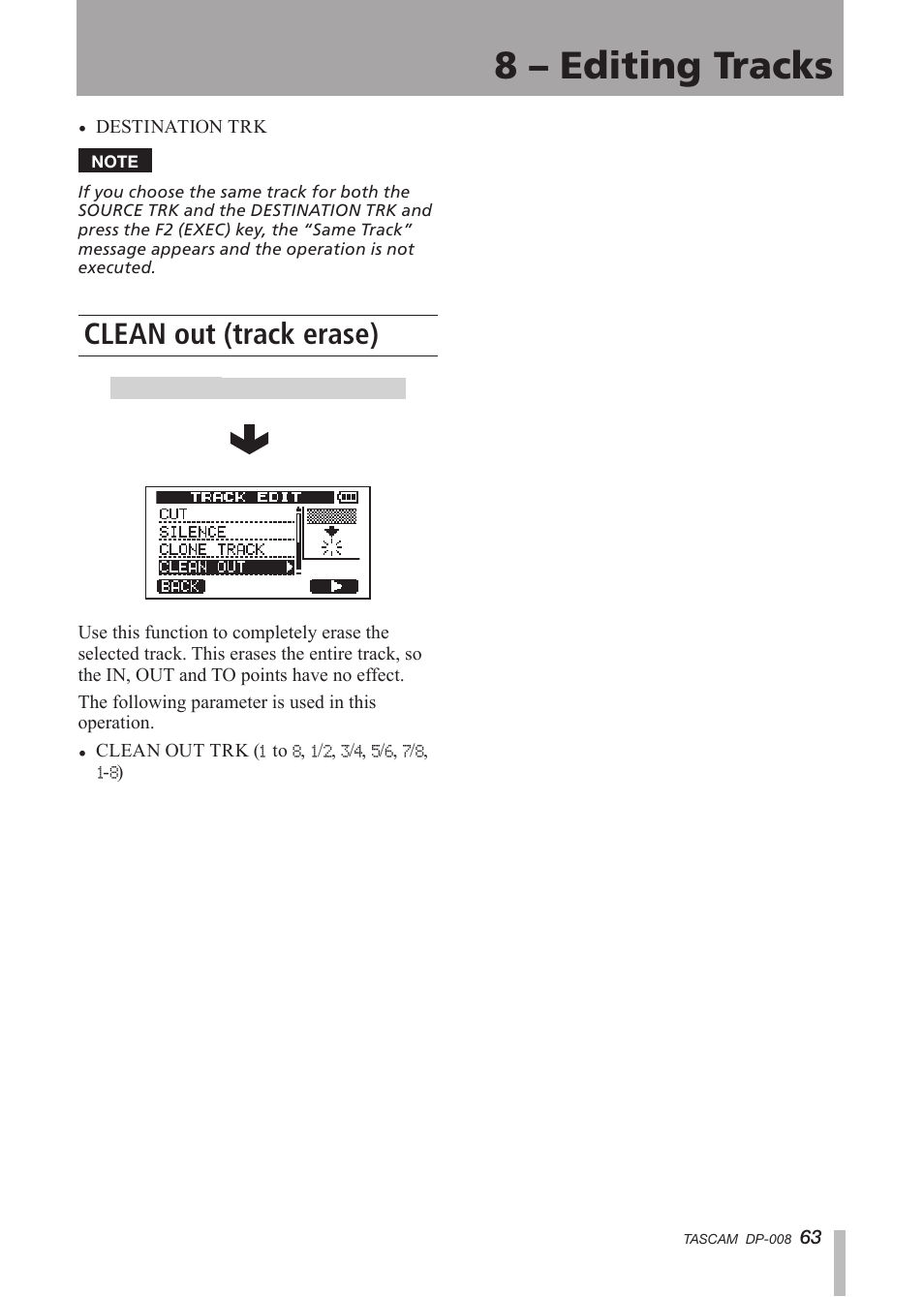 Clean out (track erase), 8 – editing tracks | Tascam DP-008 User Manual | Page 63 / 88