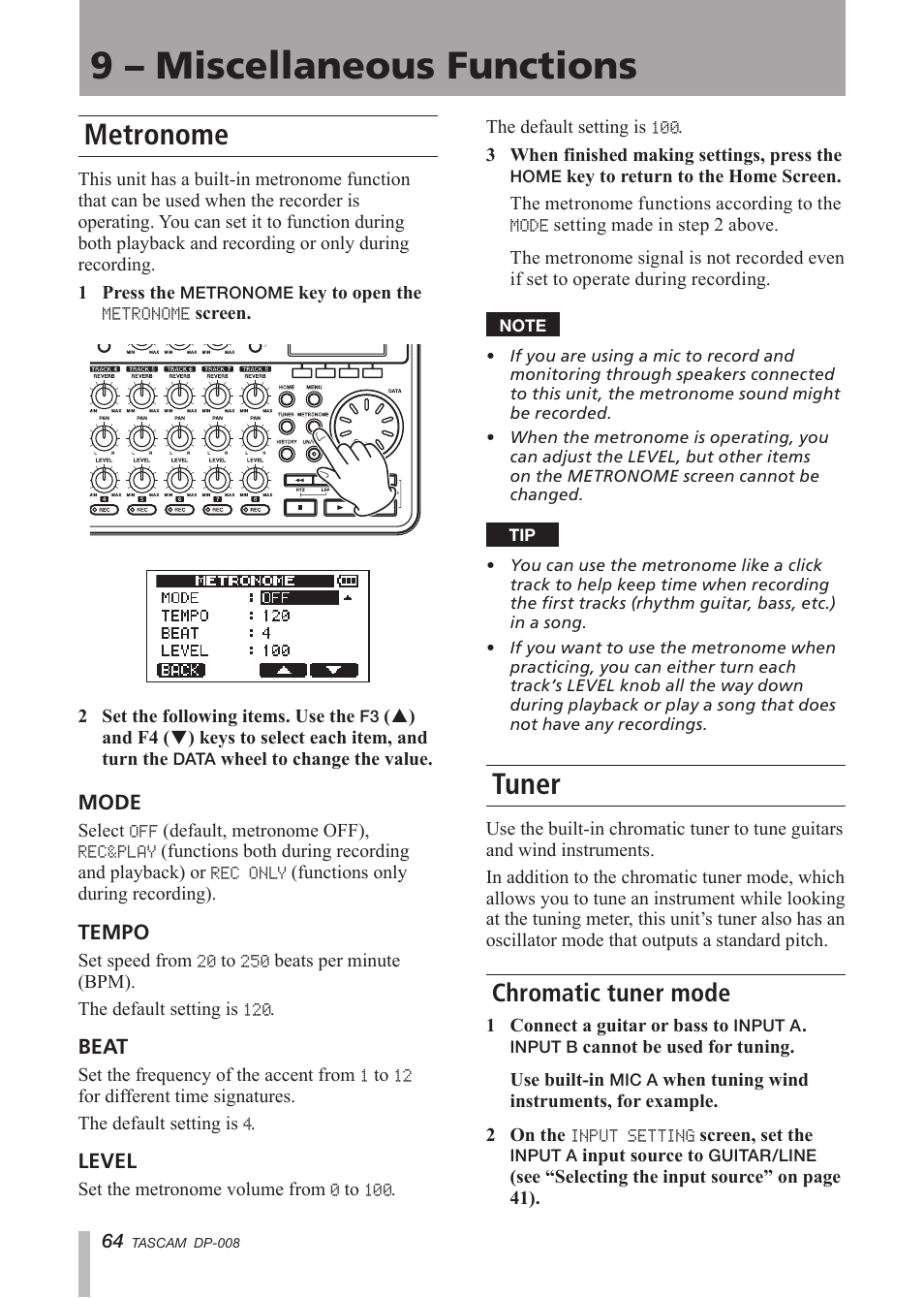 9 - miscellaneous functions, Metronome, Tuner | Chromatic tuner mode, 9 – miscellaneous functions | Tascam DP-008 User Manual | Page 64 / 88