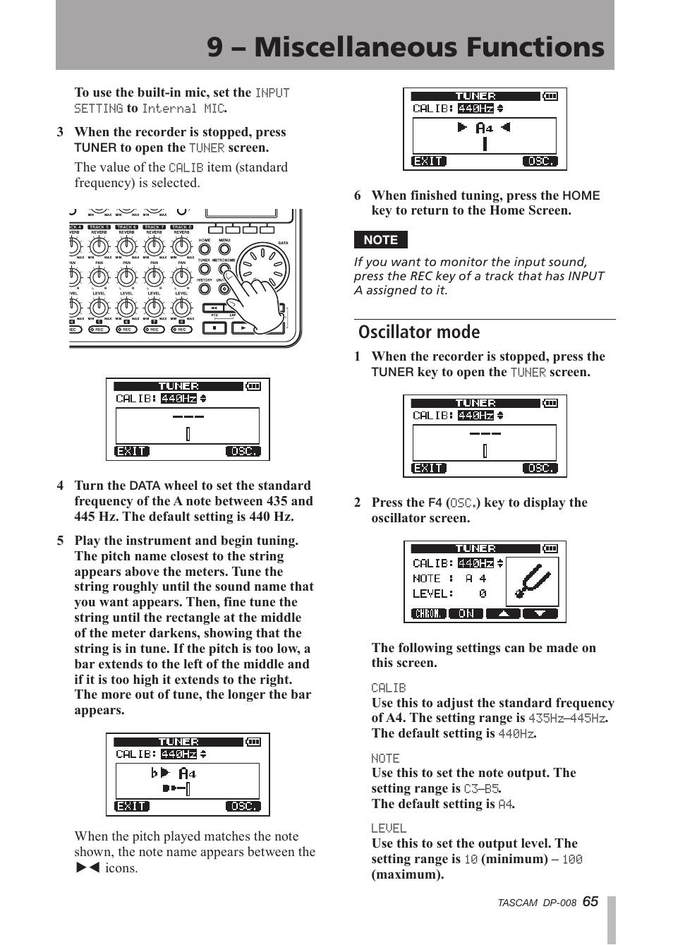 Oscillator mode, 9 – miscellaneous functions | Tascam DP-008 User Manual | Page 65 / 88