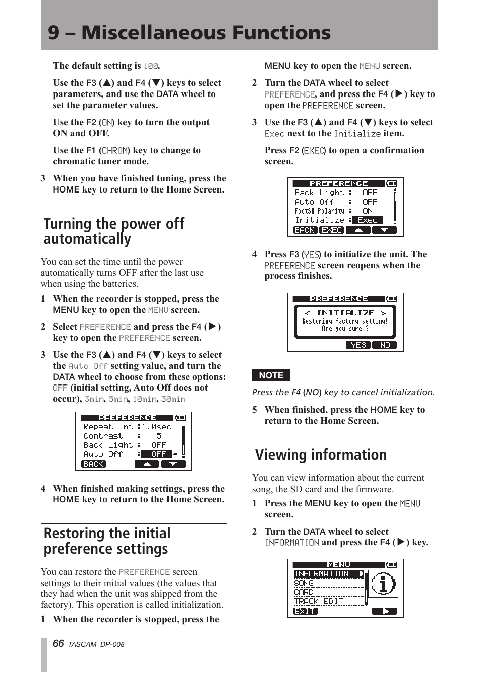 Turning the power off automatically, Restoring the initial preference settings, Viewing information | 9 – miscellaneous functions | Tascam DP-008 User Manual | Page 66 / 88