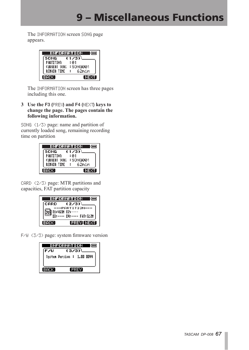 9 – miscellaneous functions | Tascam DP-008 User Manual | Page 67 / 88