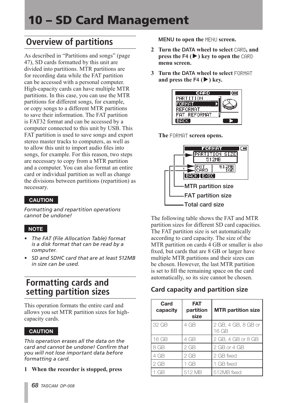 10 - sd card management, Overview of partitions, Formatting cards and setting partition sizes | 10 – sd card management, Formatting cards and setting, Partition sizes | Tascam DP-008 User Manual | Page 68 / 88