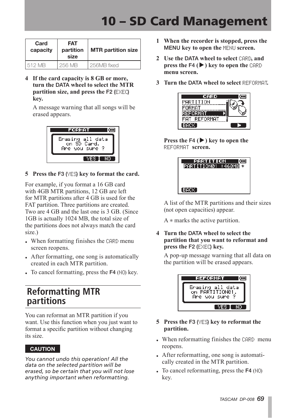 Reformatting mtr partitions, 10 – sd card management | Tascam DP-008 User Manual | Page 69 / 88