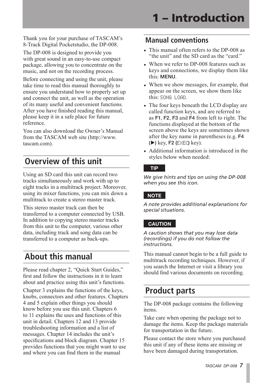 Introduction, Overview of this unit, About this manual | Manual conventions, Product parts, 1 – introduction | Tascam DP-008 User Manual | Page 7 / 88