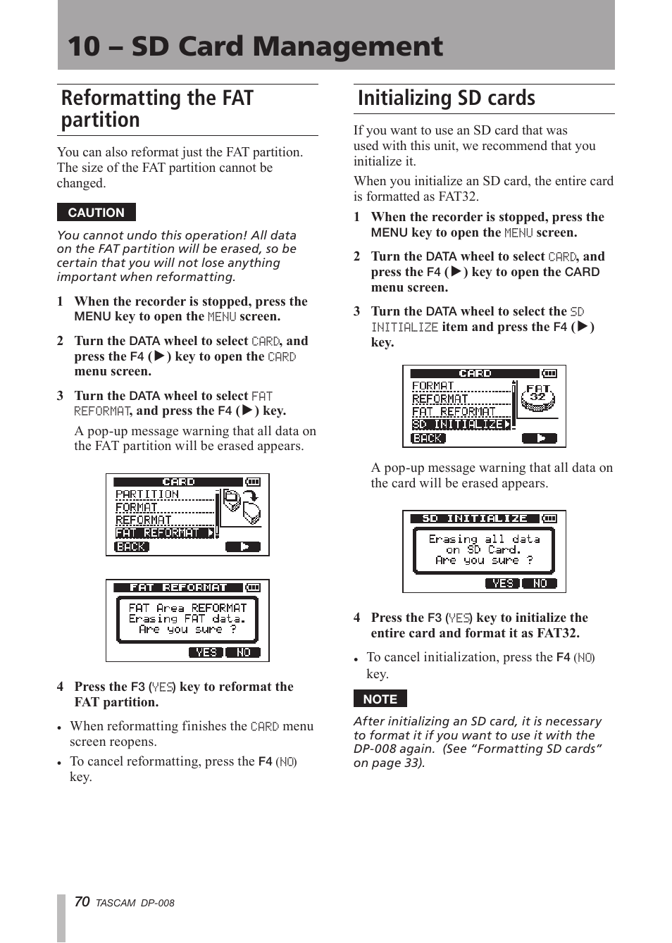 Reformatting the fat partition, Initializing sd cards, 10 – sd card management | Tascam DP-008 User Manual | Page 70 / 88