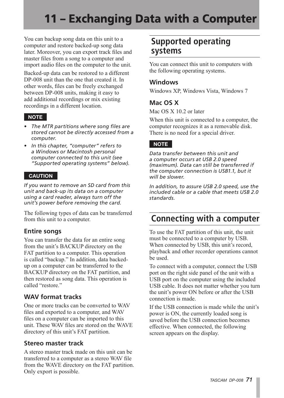11 - exchanging data with a computer, Supported operating systems, Connecting with a computer | 11 – exchanging data with a, Computer, Connecting with a, 11 – exchanging data with a computer | Tascam DP-008 User Manual | Page 71 / 88