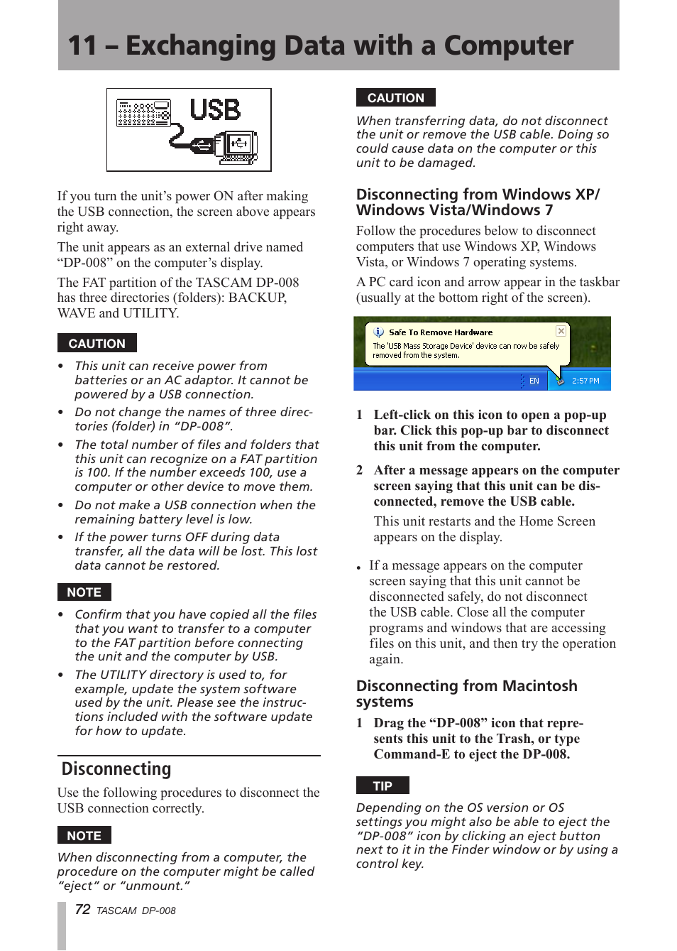 Disconnecting, 11 – exchanging data with a computer | Tascam DP-008 User Manual | Page 72 / 88