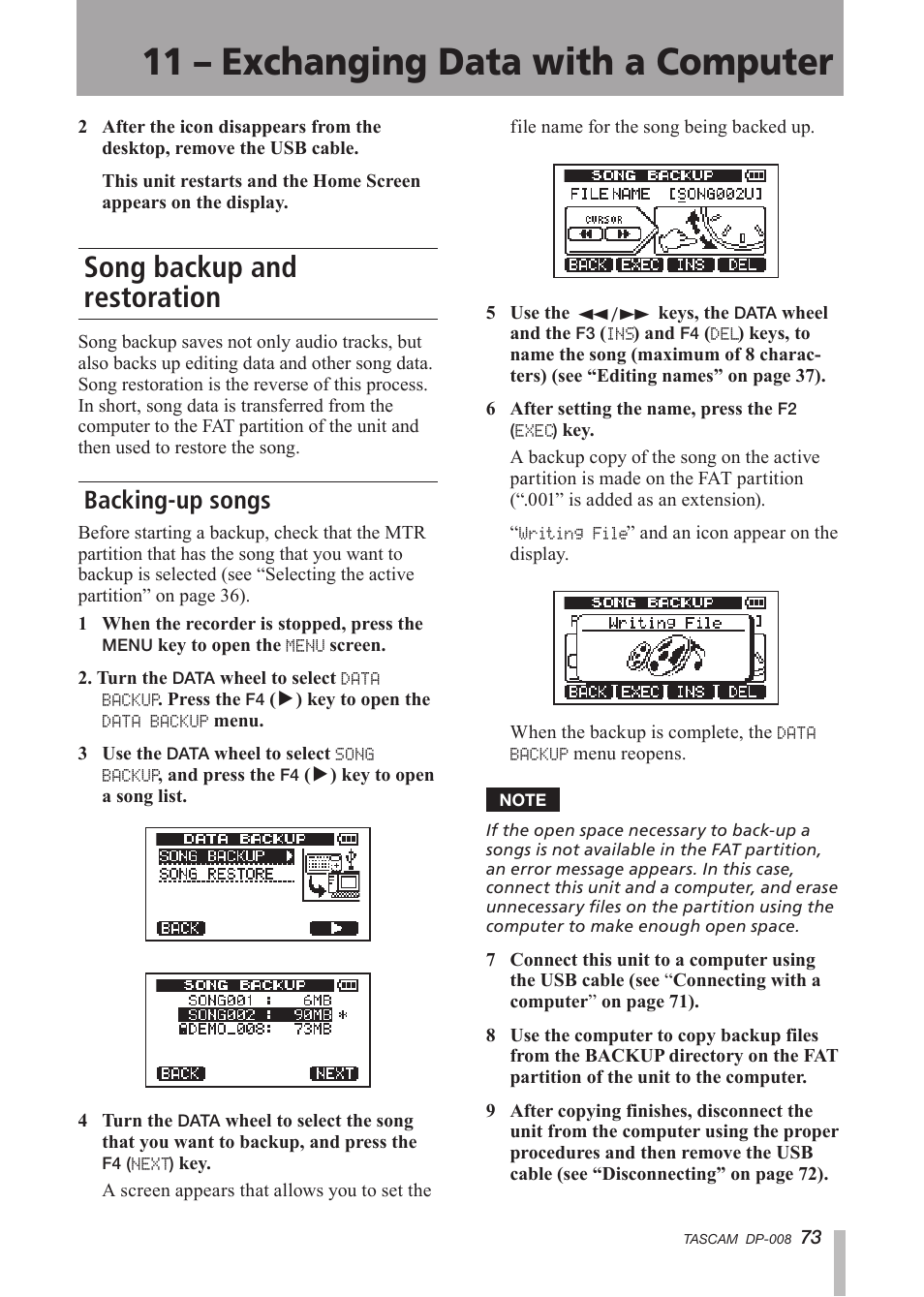 Song backup and restoration, Backing-up songs, Backing-up | 11 – exchanging data with a computer | Tascam DP-008 User Manual | Page 73 / 88