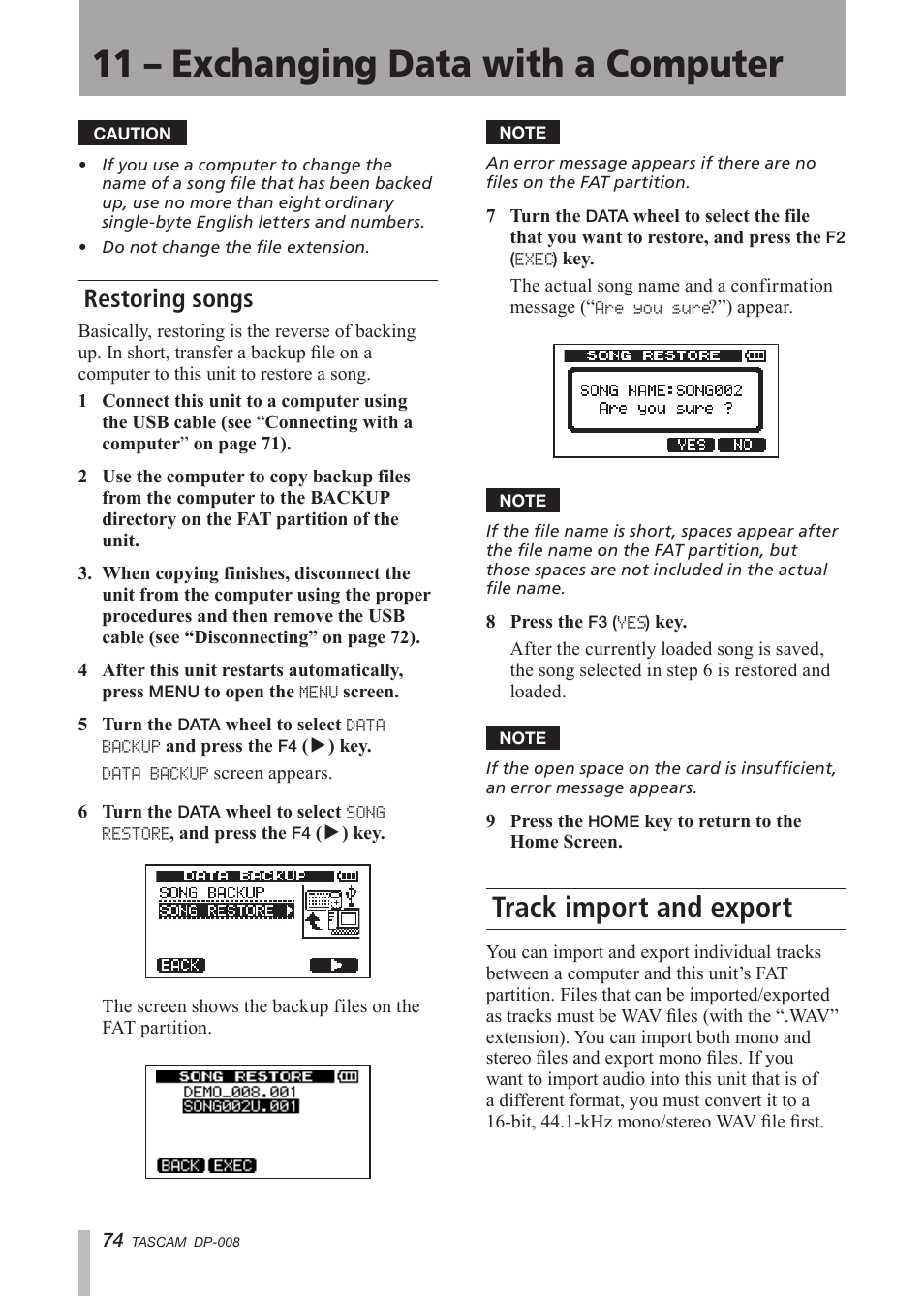 Restoring songs, Track import and export, 11 – exchanging data with a computer | Tascam DP-008 User Manual | Page 74 / 88