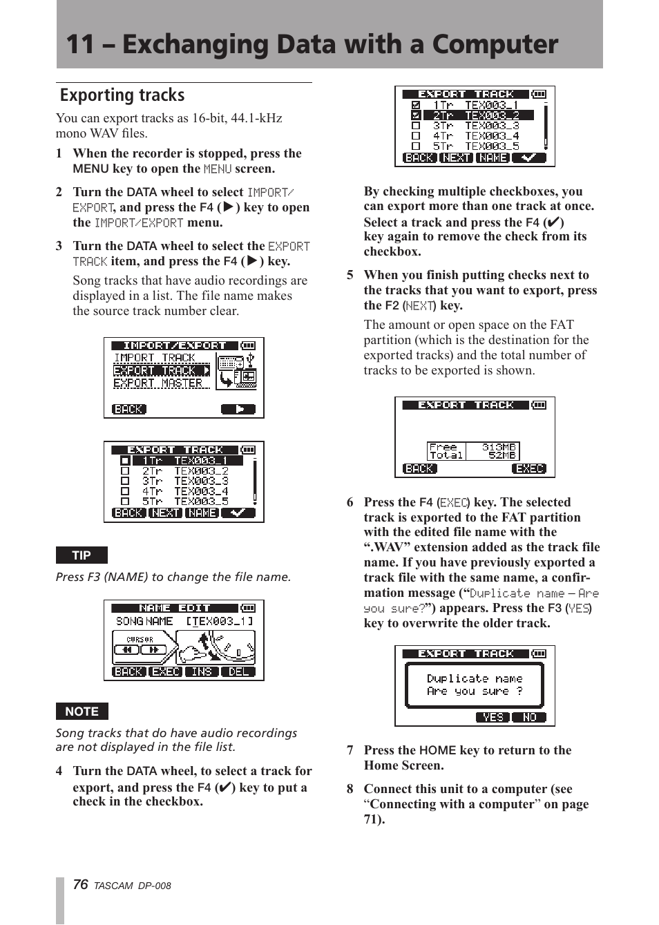 Exporting tracks, 11 – exchanging data with a computer | Tascam DP-008 User Manual | Page 76 / 88