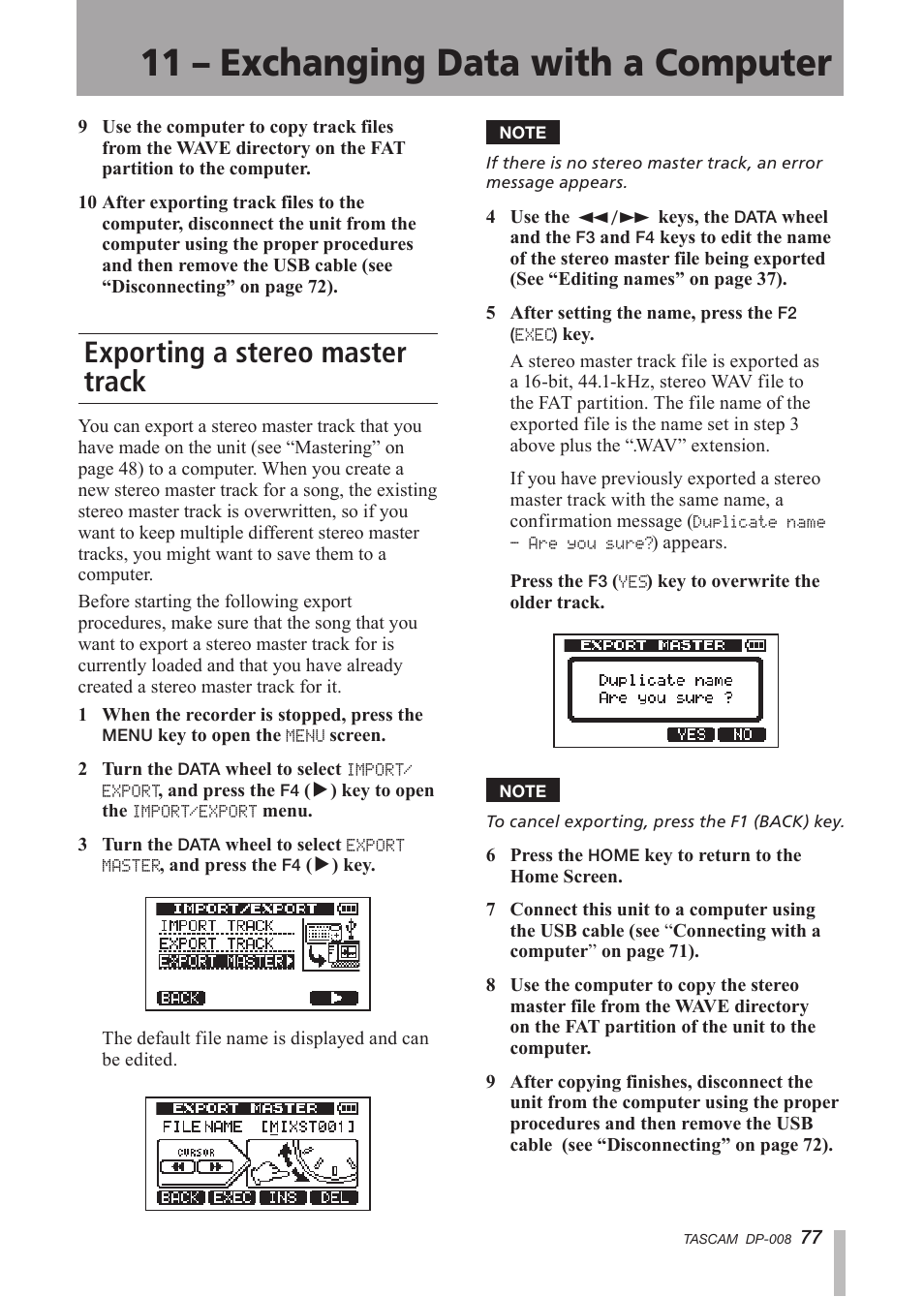 Exporting a stereo master track, Exported to a computer (see “exporting a, 11 – exchanging data with a computer | Tascam DP-008 User Manual | Page 77 / 88