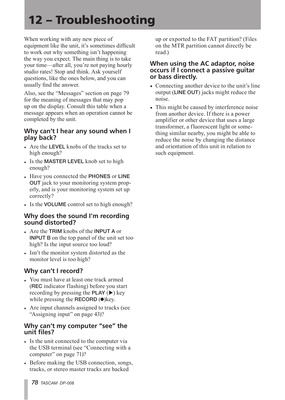 12 - troubleshooting, 12 – troubleshooting | Tascam DP-008 User Manual | Page 78 / 88