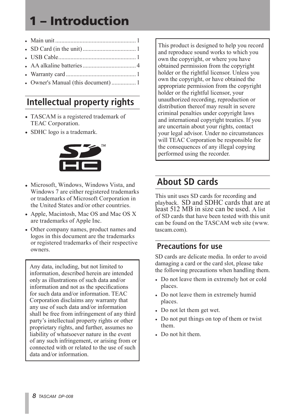 Intellectual property rights, About sd cards, Precautions for use | 1 – introduction | Tascam DP-008 User Manual | Page 8 / 88