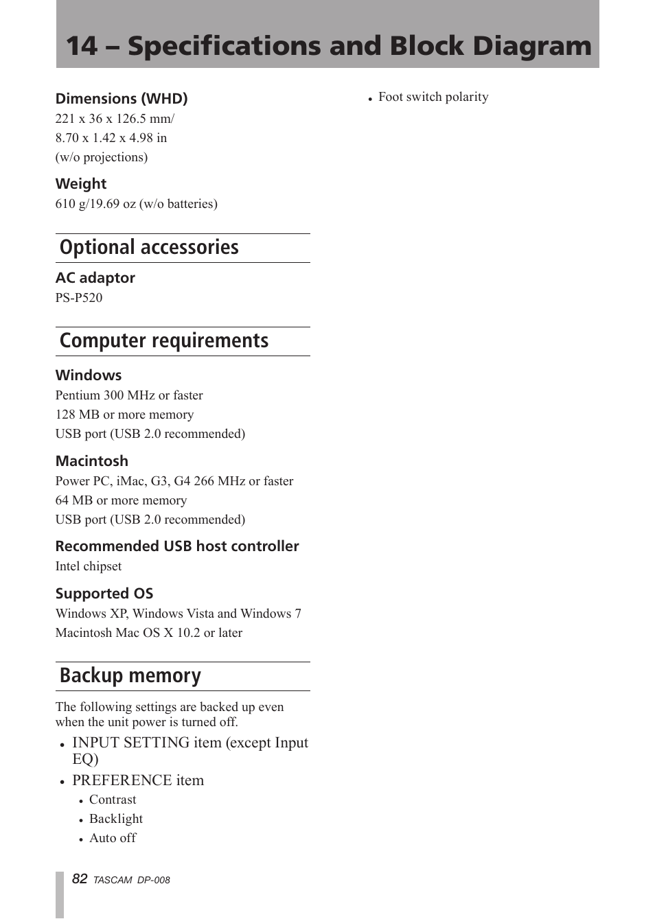 Optional accessories, Computer requirements, Backup memory | 14 – specifications and block diagram | Tascam DP-008 User Manual | Page 82 / 88