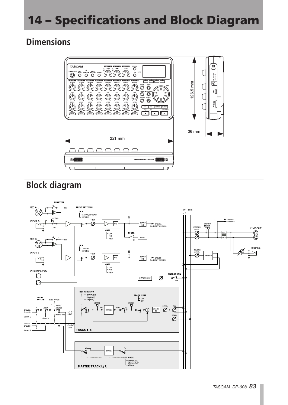 Dimensions, Block diagram, 14 – specifications and block diagram | Tascam DP-008 User Manual | Page 83 / 88