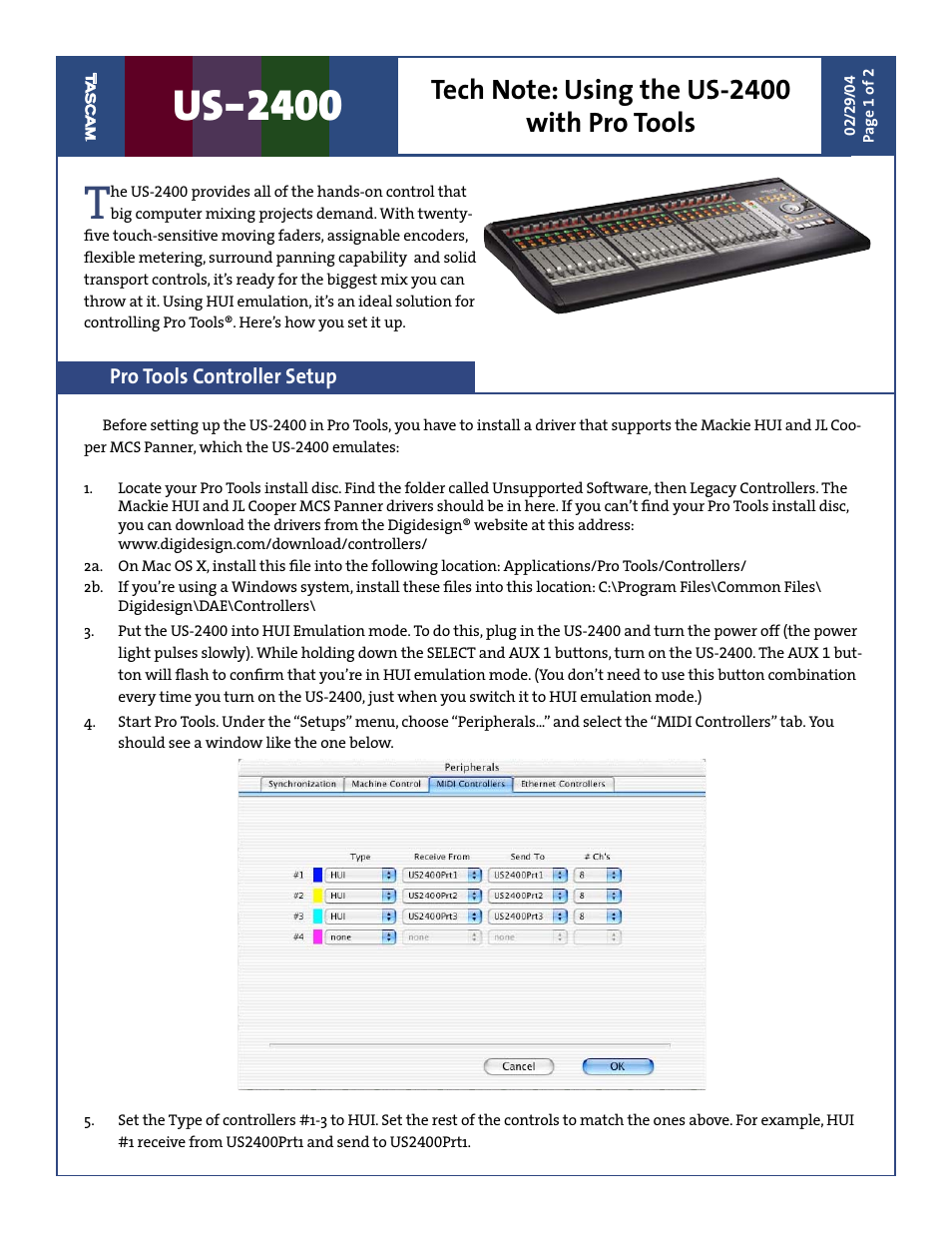 Tascam US-2400 User Manual | 2 pages