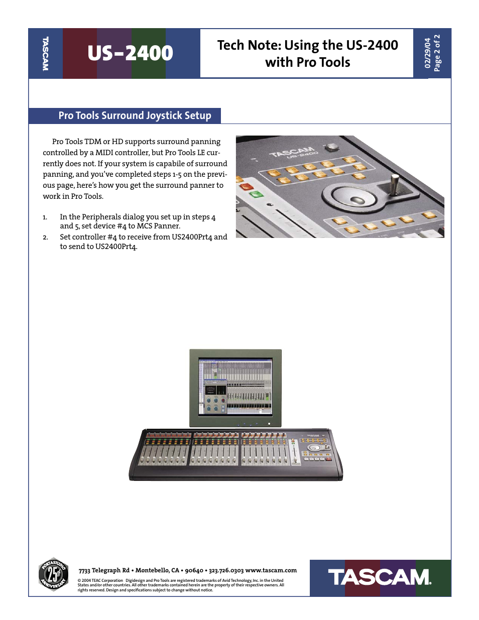 Us-2400, Pro tools surround joystick setup | Tascam US-2400 User Manual | Page 2 / 2