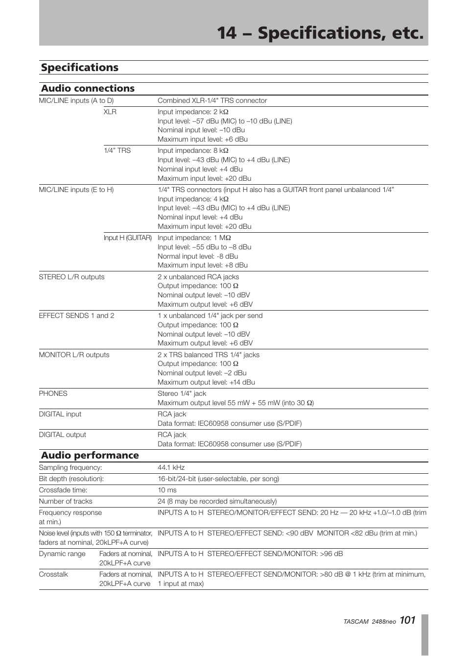 Specifications, Audio connections, Audio performance | Audio connections audio performance, 14 − specifications, etc | Tascam 2488neo User Manual | Page 101 / 124