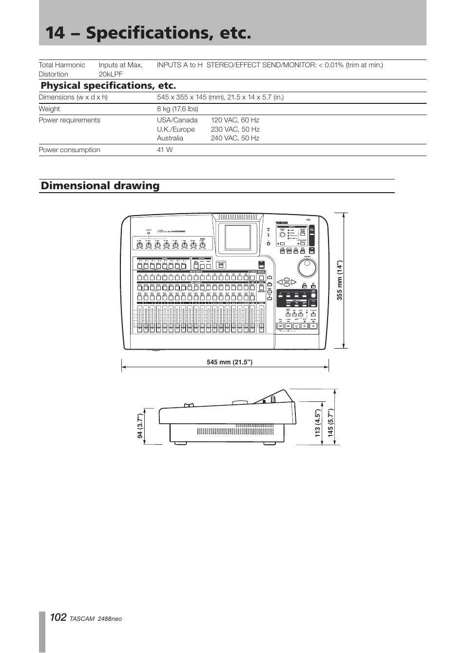 Physical specifications, etc, Dimensional drawing, 14 − specifications, etc | Tascam 2488neo User Manual | Page 102 / 124