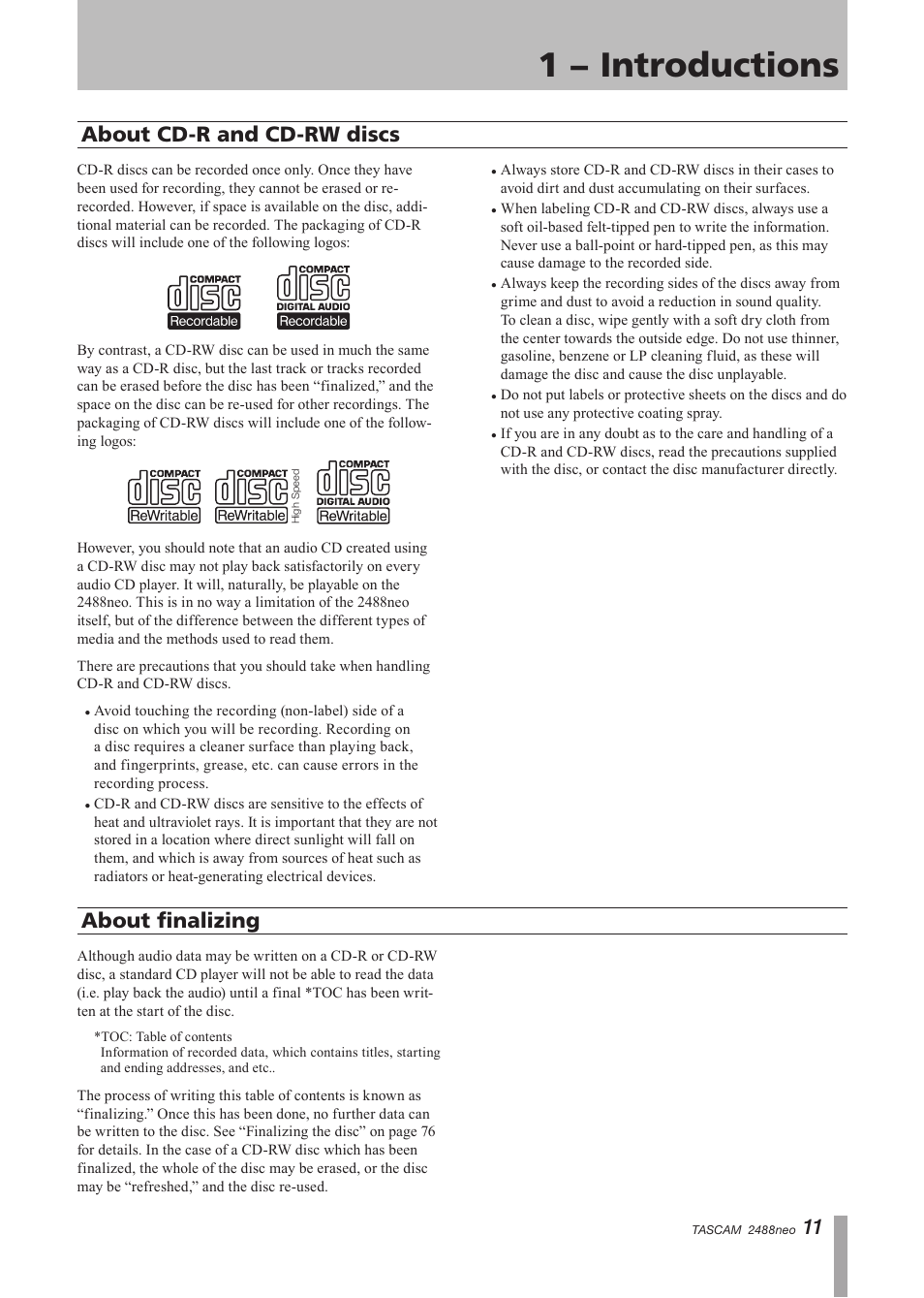 About cd-r and cd-rw discs, About finalizing, About cd-r and cd-rw discs about finalizing | 1 − introductions | Tascam 2488neo User Manual | Page 11 / 124