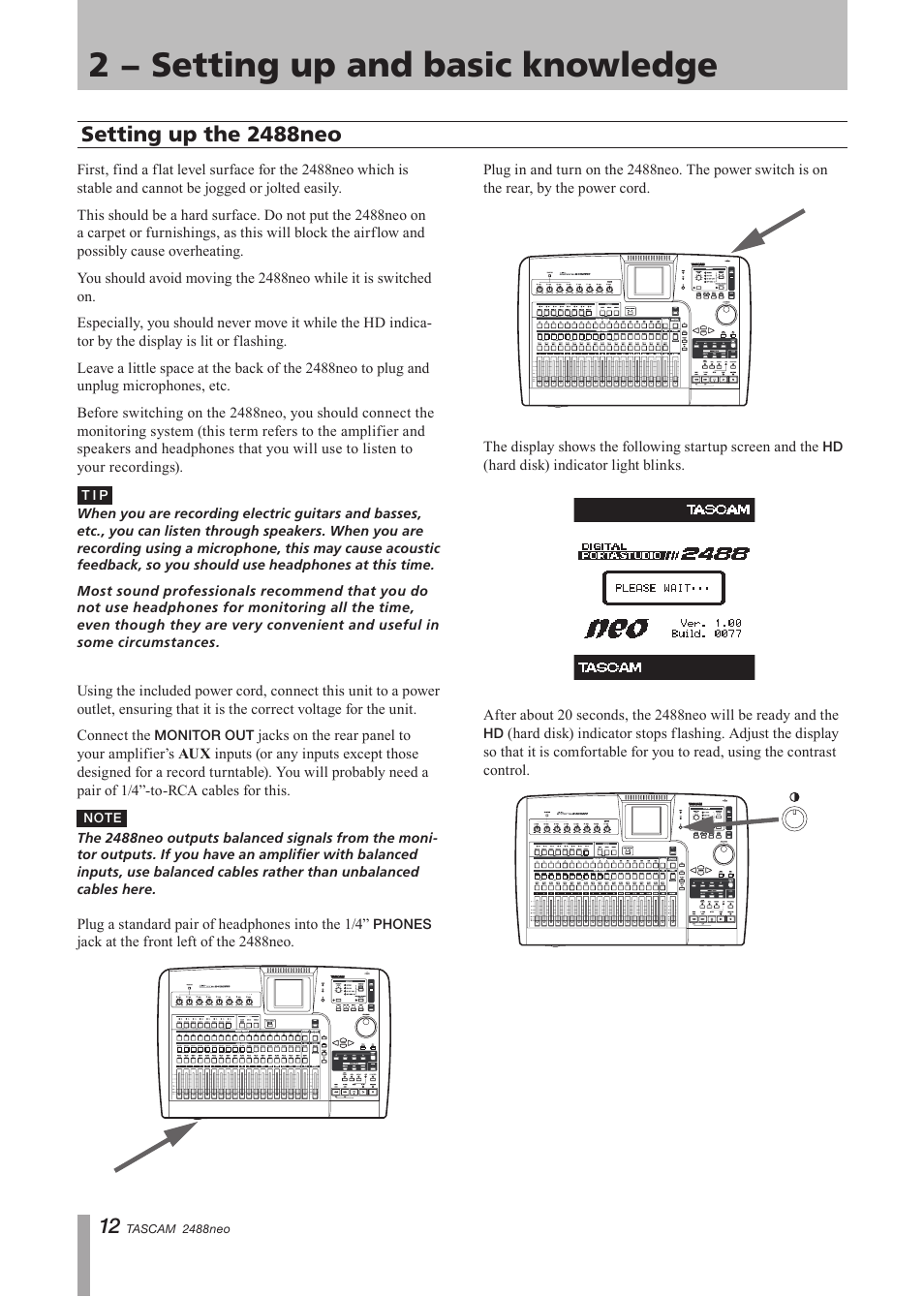 2 − setting up and basic knowledge, Setting up the 2488mkii, 2 − setting up and basic | Knowledge, Setting up the 2488neo | Tascam 2488neo User Manual | Page 12 / 124