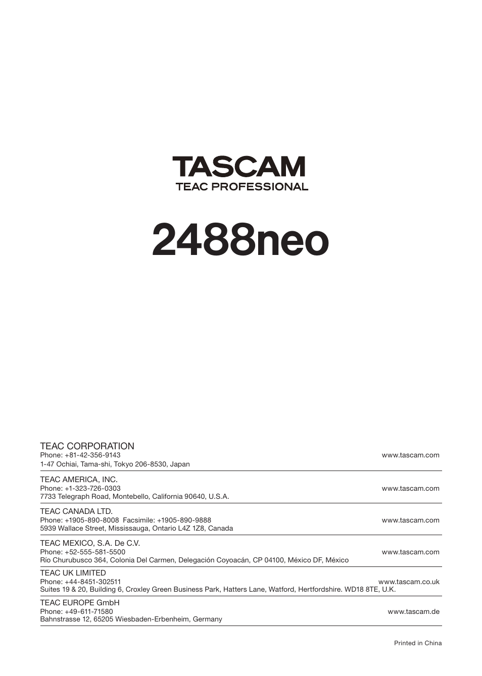 2488neo | Tascam 2488neo User Manual | Page 124 / 124