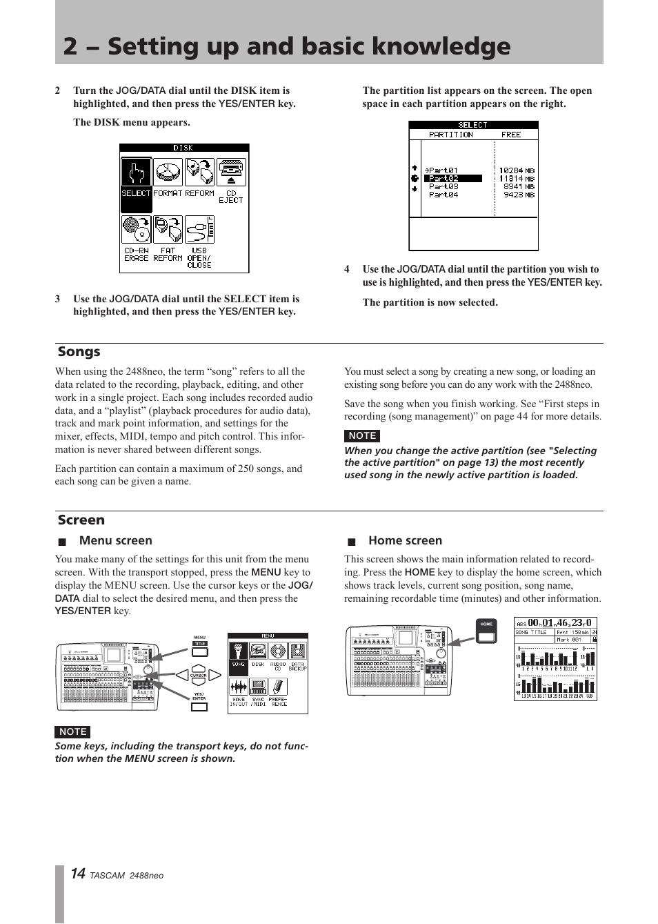 Songs, Screen, Menu screen | Home screen, Songs screen, Menu screen home screen, 2 − setting up and basic knowledge | Tascam 2488neo User Manual | Page 14 / 124