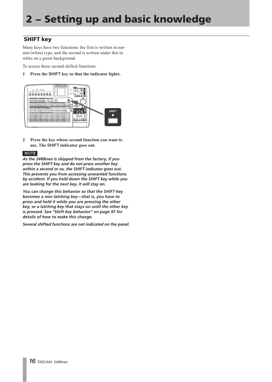 Shift key, 2 − setting up and basic knowledge | Tascam 2488neo User Manual | Page 16 / 124