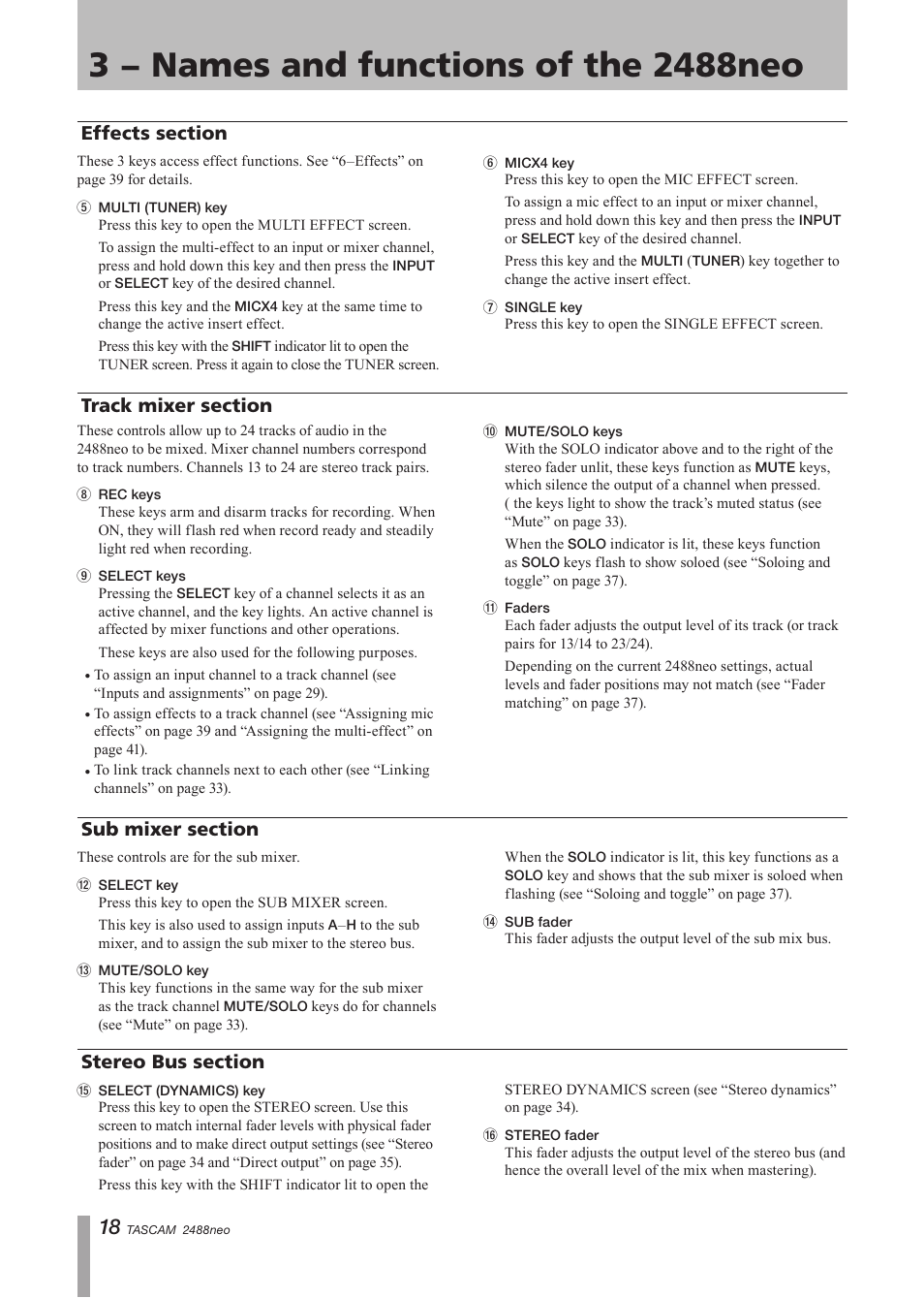 Effects section, Track mixer section, Sub mixer section | Stereo bus section | Tascam 2488neo User Manual | Page 18 / 124