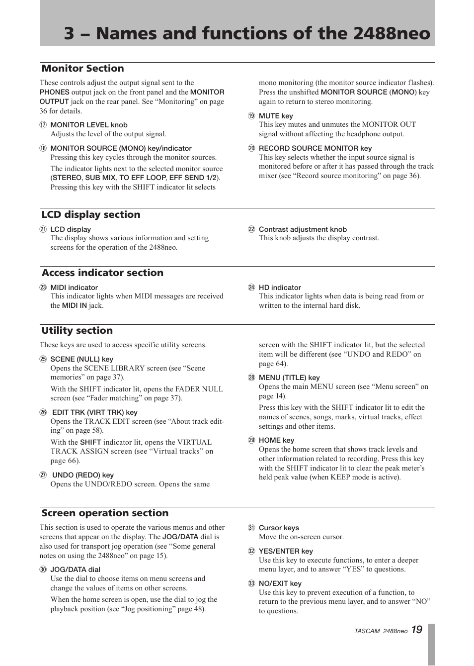 Monitor section, Lcd display section, Access indicator section | Utility section, Screen operation section | Tascam 2488neo User Manual | Page 19 / 124