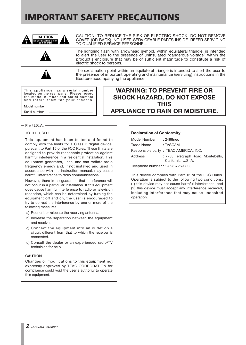 Important safety precautions | Tascam 2488neo User Manual | Page 2 / 124