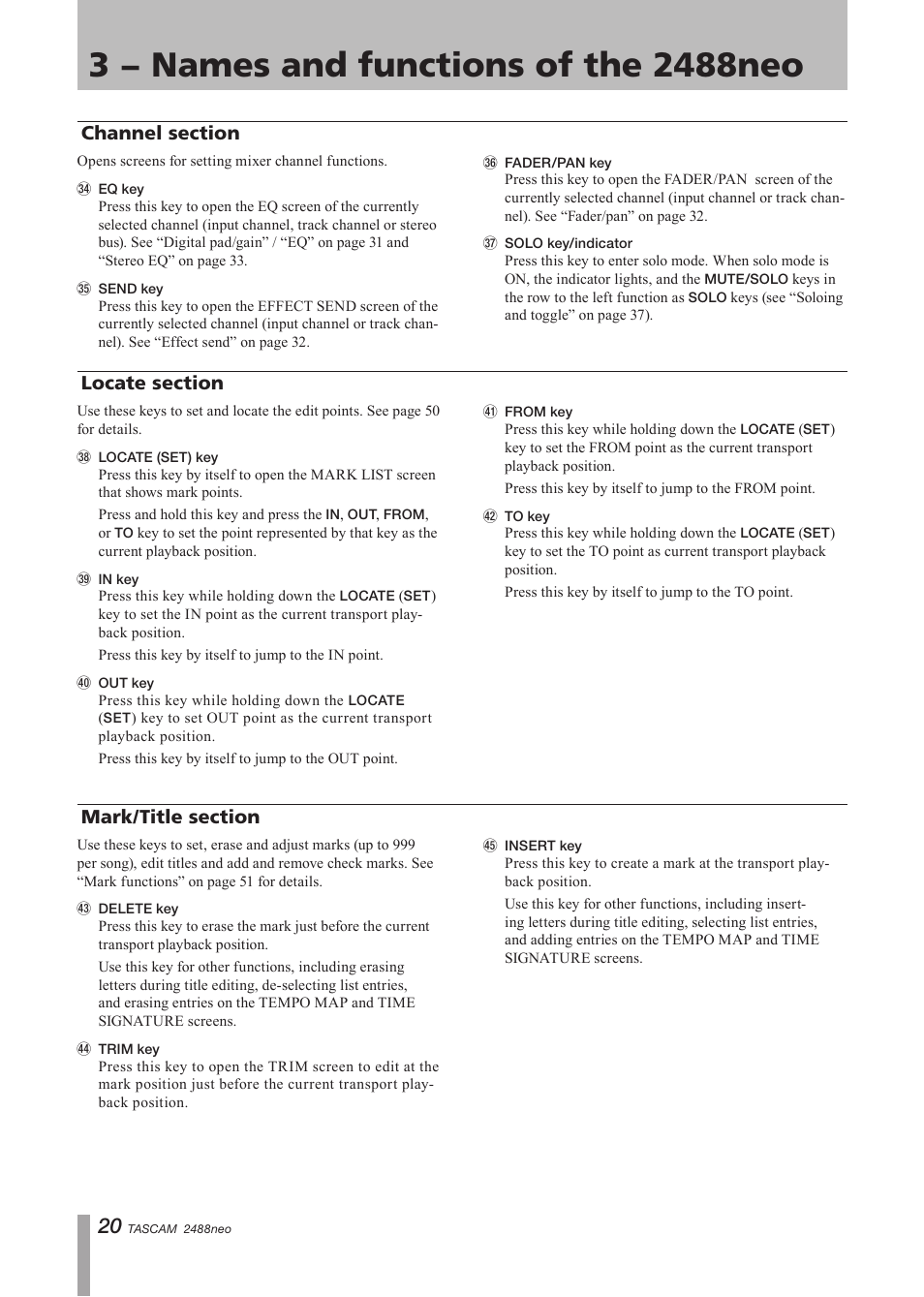 Channel section, Locate section, Mark/title section | Channel section locate section mark/title section | Tascam 2488neo User Manual | Page 20 / 124