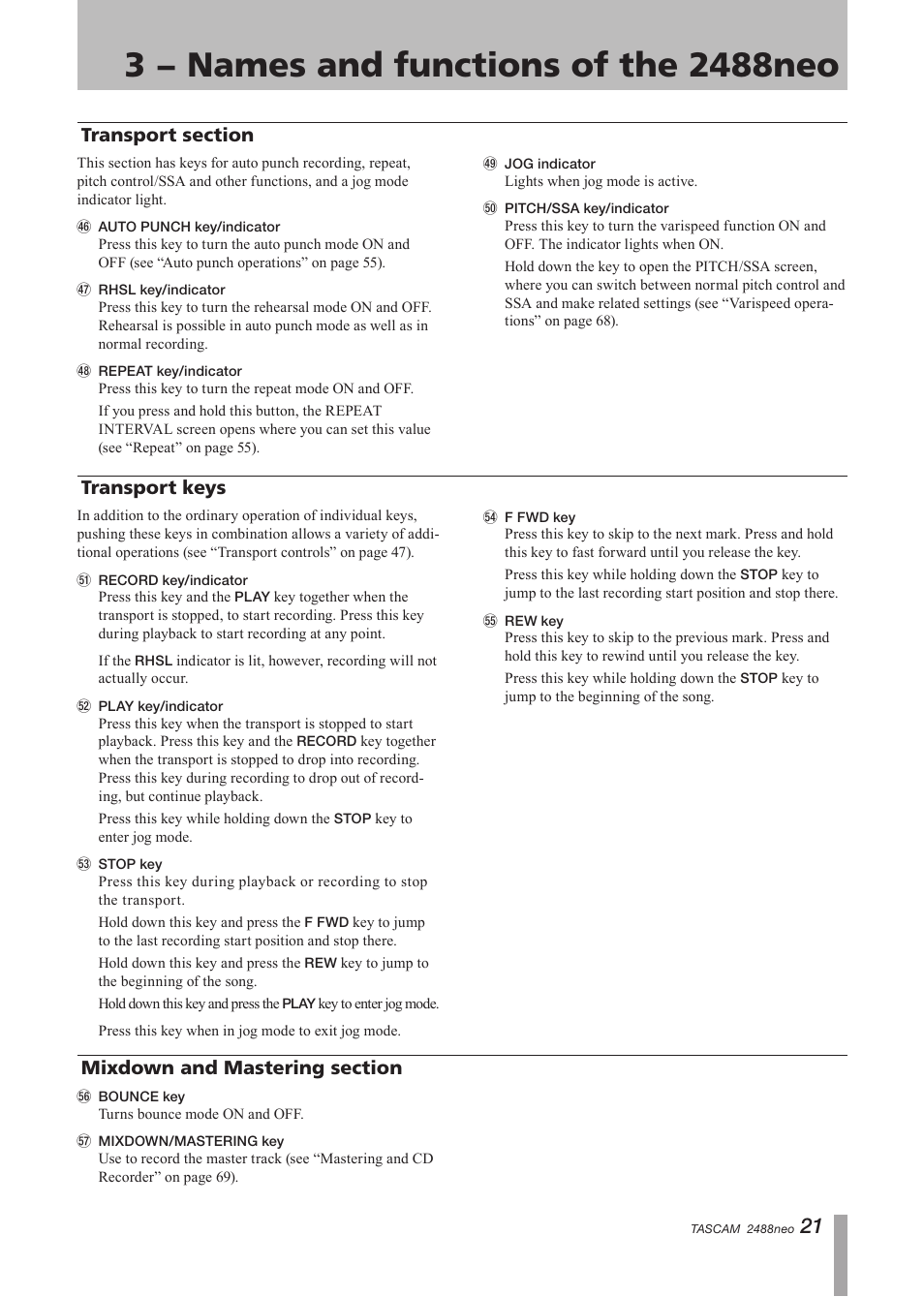 Transport section, Transport keys, Mixdown section | Tascam 2488neo User Manual | Page 21 / 124