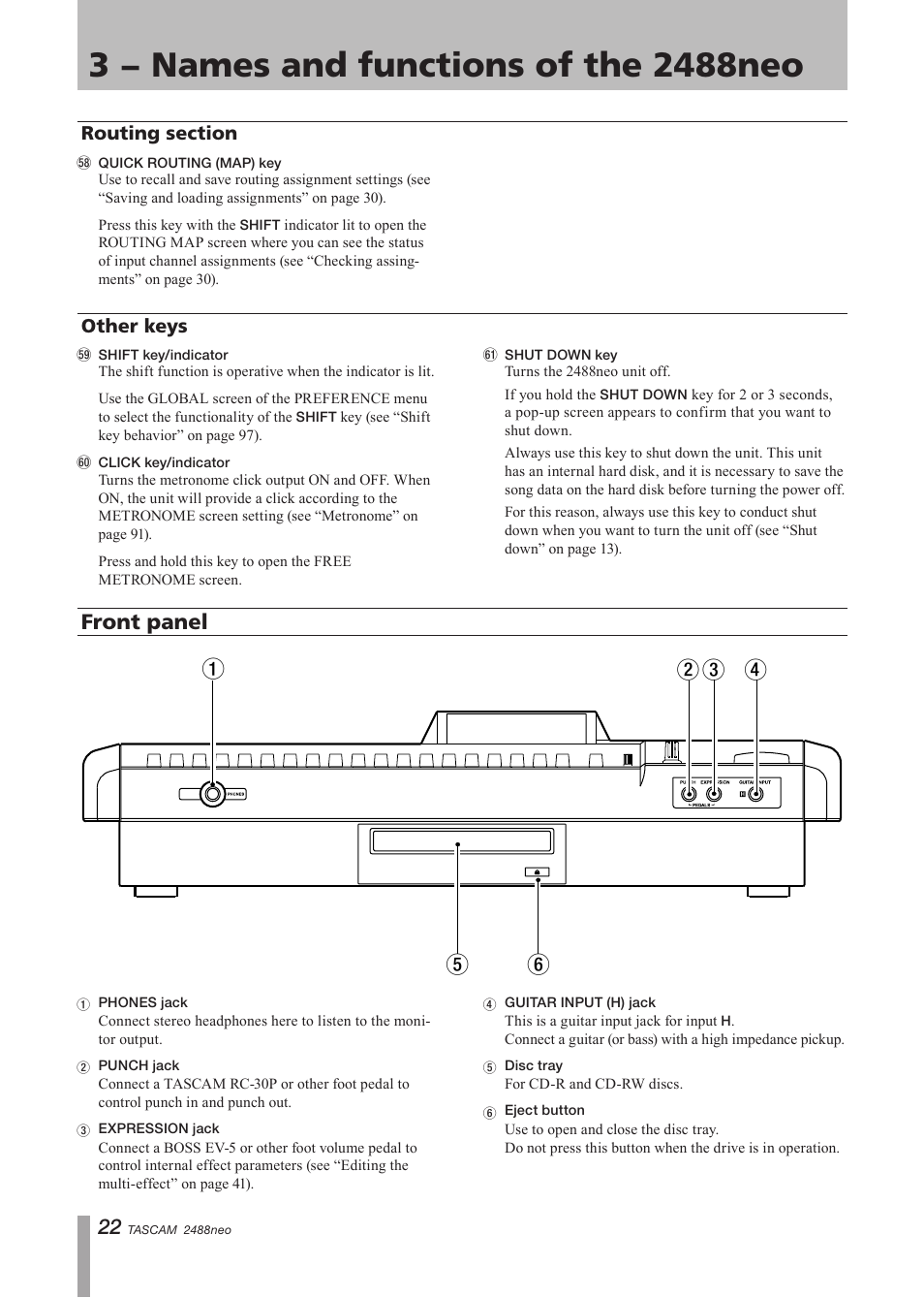 Routing section, Other keys, Front panel | Routing section other keys | Tascam 2488neo User Manual | Page 22 / 124