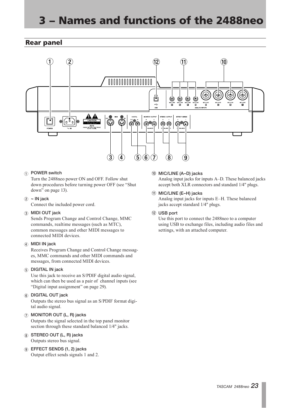 Rear panel | Tascam 2488neo User Manual | Page 23 / 124