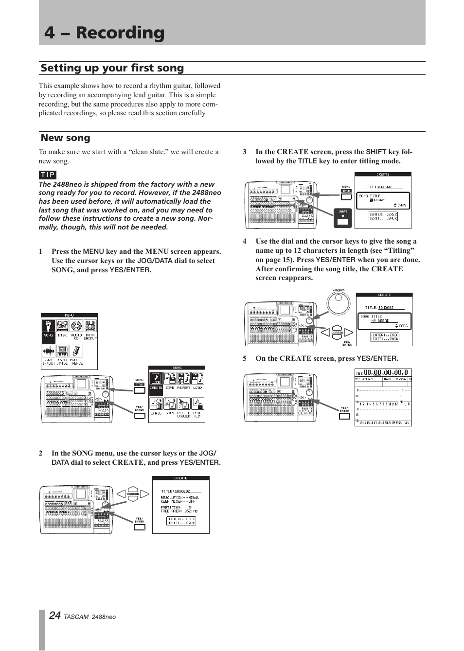 4 − recording, Setting up your first song, New song | Tascam 2488neo User Manual | Page 24 / 124