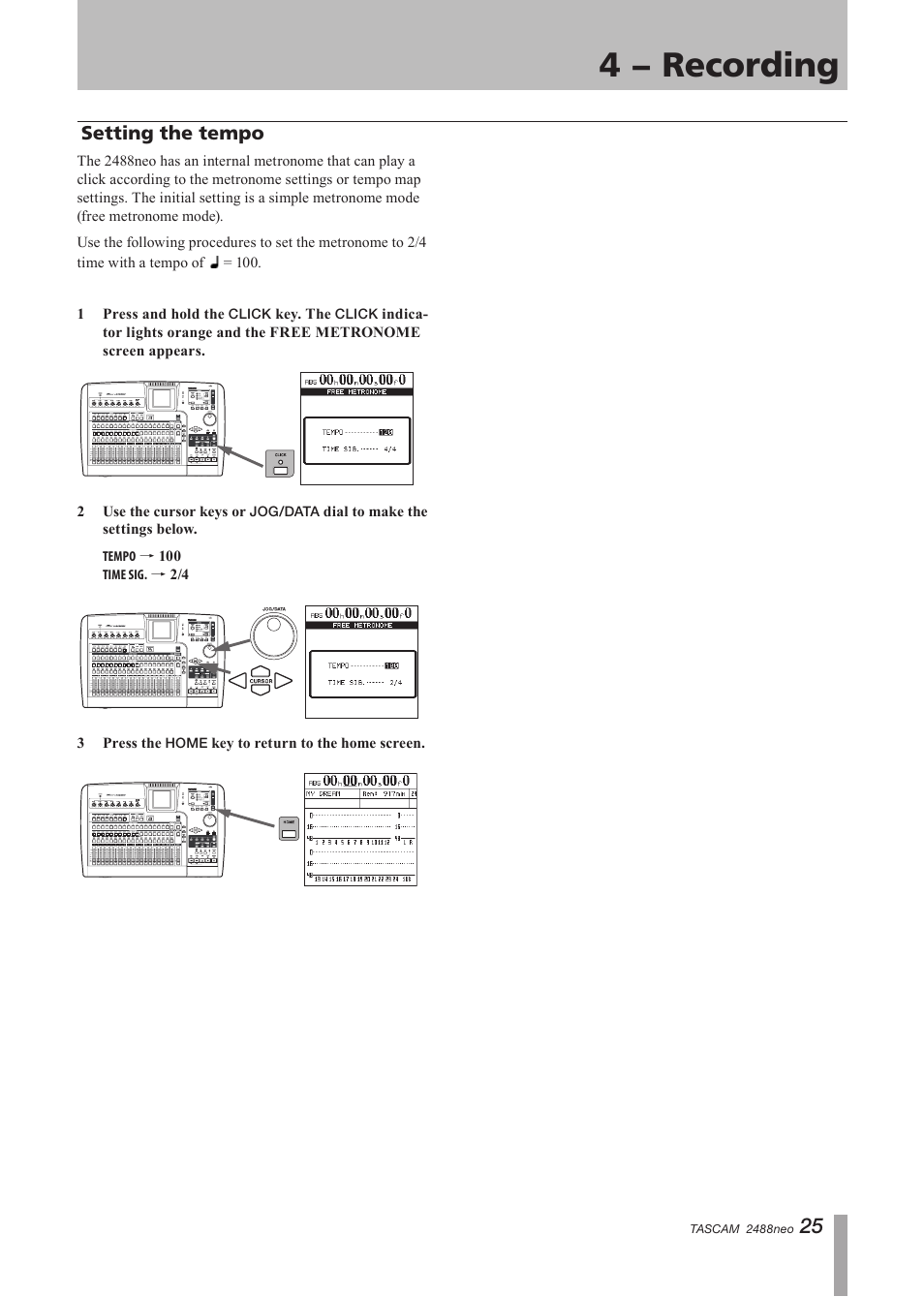 Setting the tempo, 4 − recording | Tascam 2488neo User Manual | Page 25 / 124