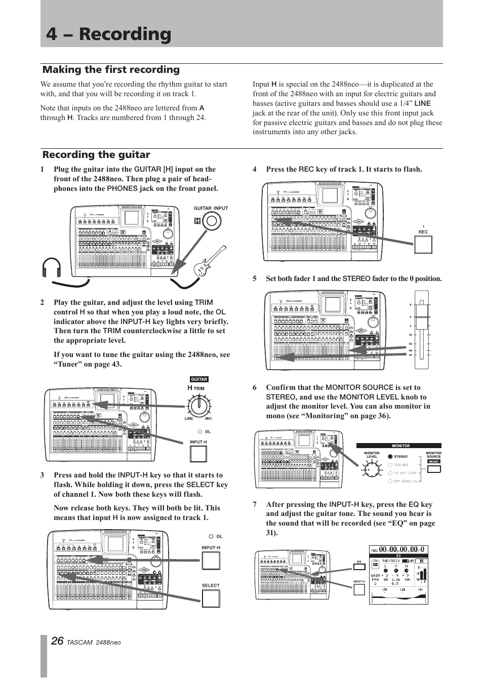 Making the first recording, Recording the guitar, Making the first recording recording the guitar | 4 − recording | Tascam 2488neo User Manual | Page 26 / 124