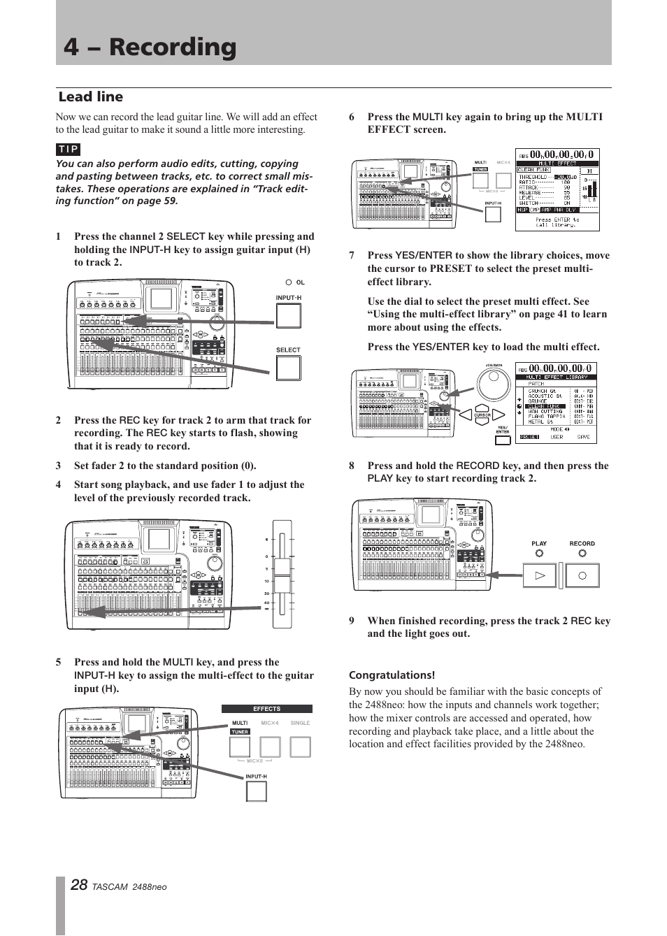 Lead line, 4 − recording | Tascam 2488neo User Manual | Page 28 / 124