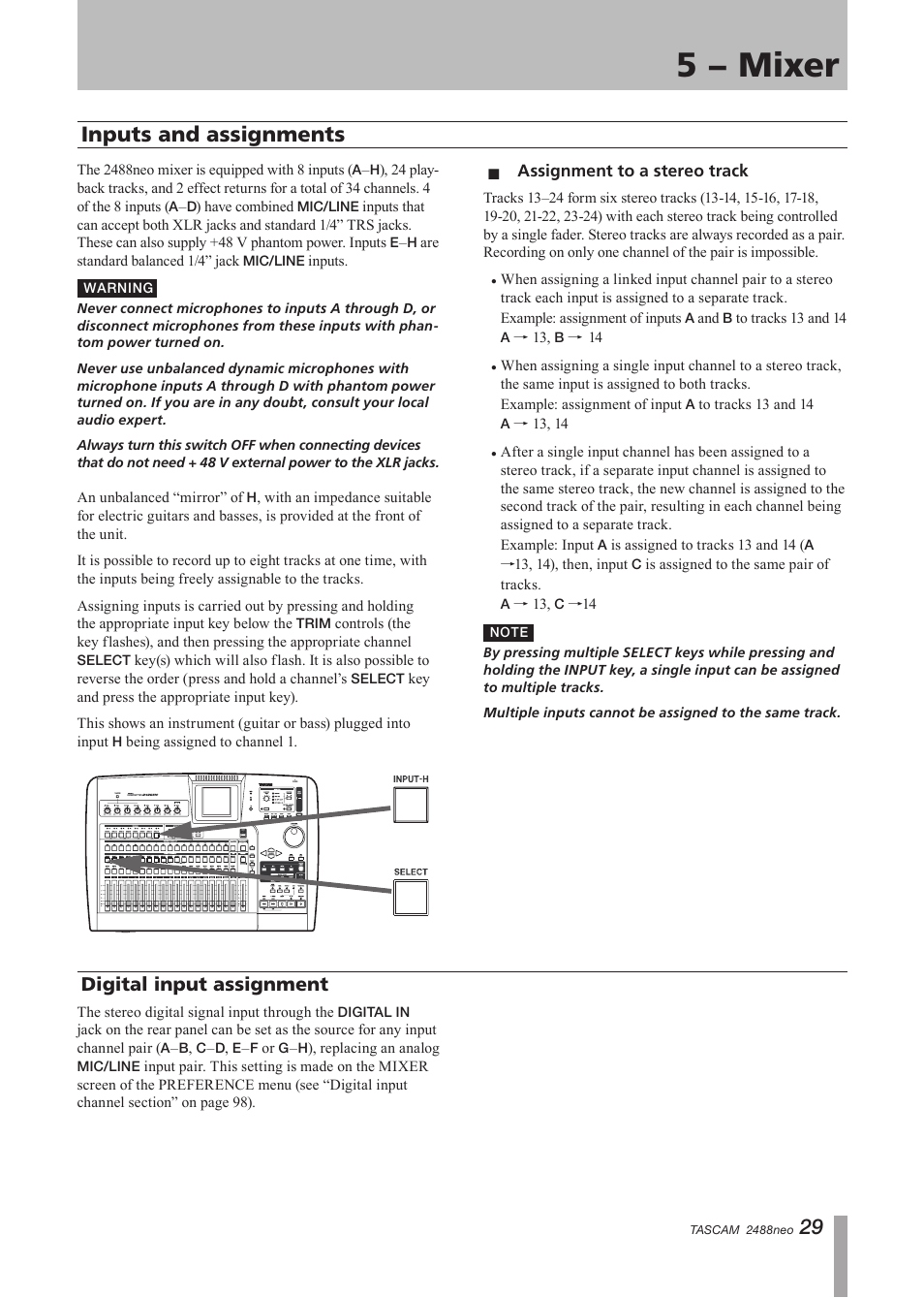 5 − mixer, Inputs and assignments, Assignment to a stereo track | Digital input assignment | Tascam 2488neo User Manual | Page 29 / 124