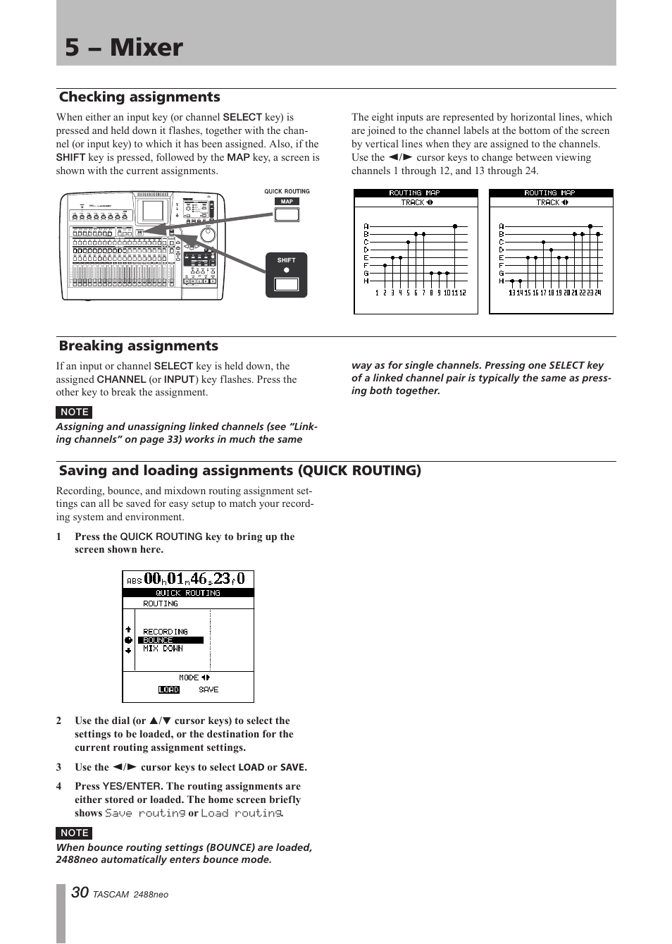 Checking assignments, Breaking assignments, Saving and loading assignments (quick routing) | 5 − mixer | Tascam 2488neo User Manual | Page 30 / 124